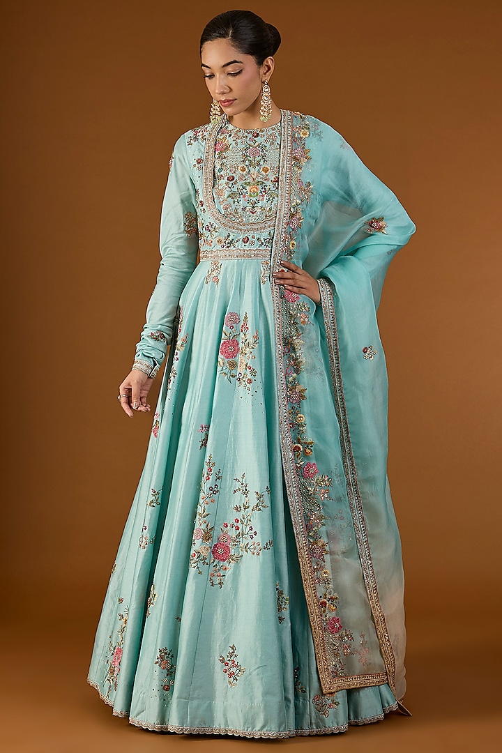 Aqua Chanderi Hand & Machine Embroidered Bridal Anarkali Set by Petticoat Lane at Pernia's Pop Up Shop