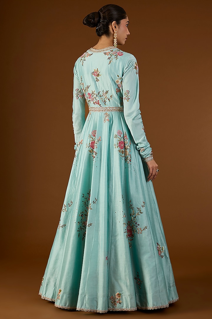Aqua Chanderi Hand & Machine Embroidered Bridal Anarkali Set by Petticoat Lane at Pernia's Pop Up Shop