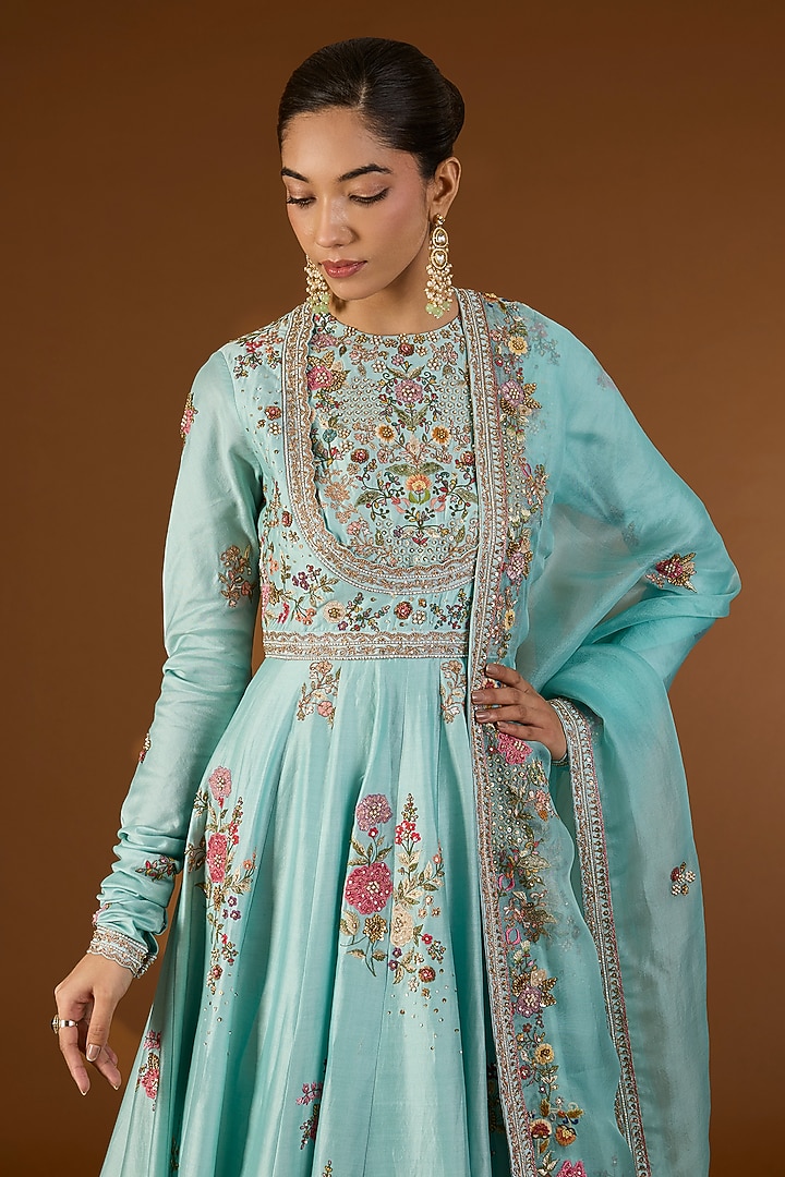 Aqua Chanderi Hand & Machine Embroidered Bridal Anarkali Set by Petticoat Lane at Pernia's Pop Up Shop
