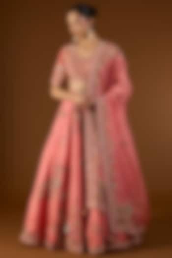 Peach Chanderi Hand & Machine Embroidered Kali Bridal Lehenga Set by Petticoat Lane at Pernia's Pop Up Shop