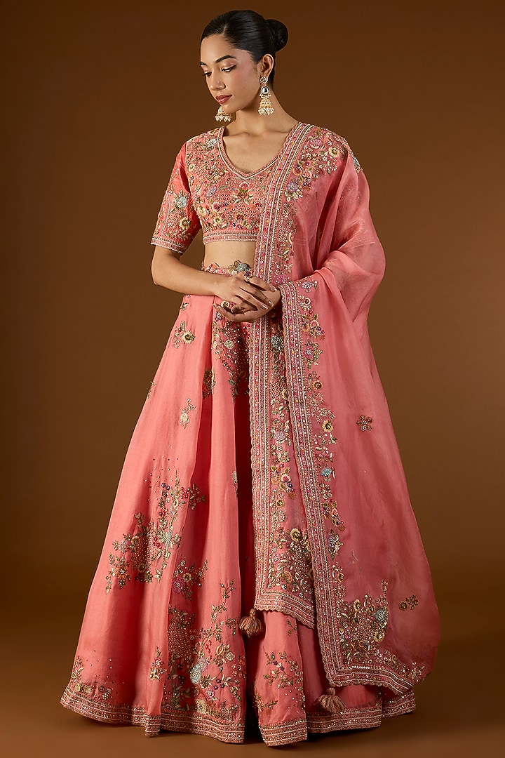 Peach Chanderi Hand & Machine Embroidered Kali Bridal Lehenga Set by Petticoat Lane at Pernia's Pop Up Shop