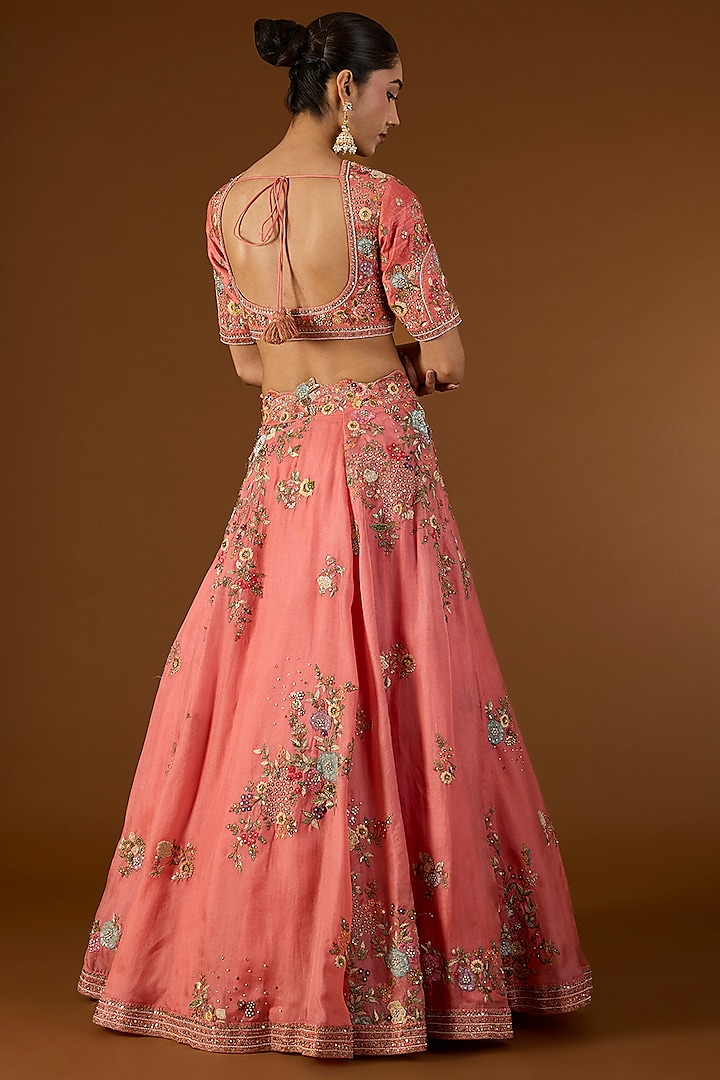 Peach Chanderi Hand & Machine Embroidered Kali Bridal Lehenga Set by Petticoat Lane at Pernia's Pop Up Shop