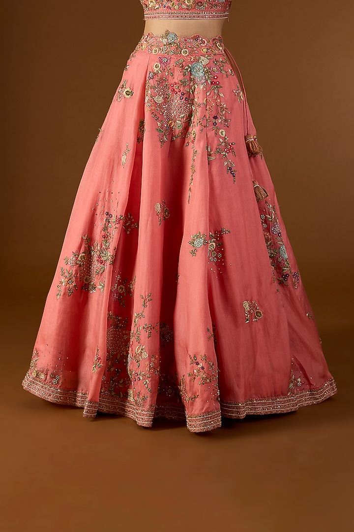 Peach Chanderi Hand & Machine Embroidered Kali Bridal Lehenga Set by Petticoat Lane at Pernia's Pop Up Shop