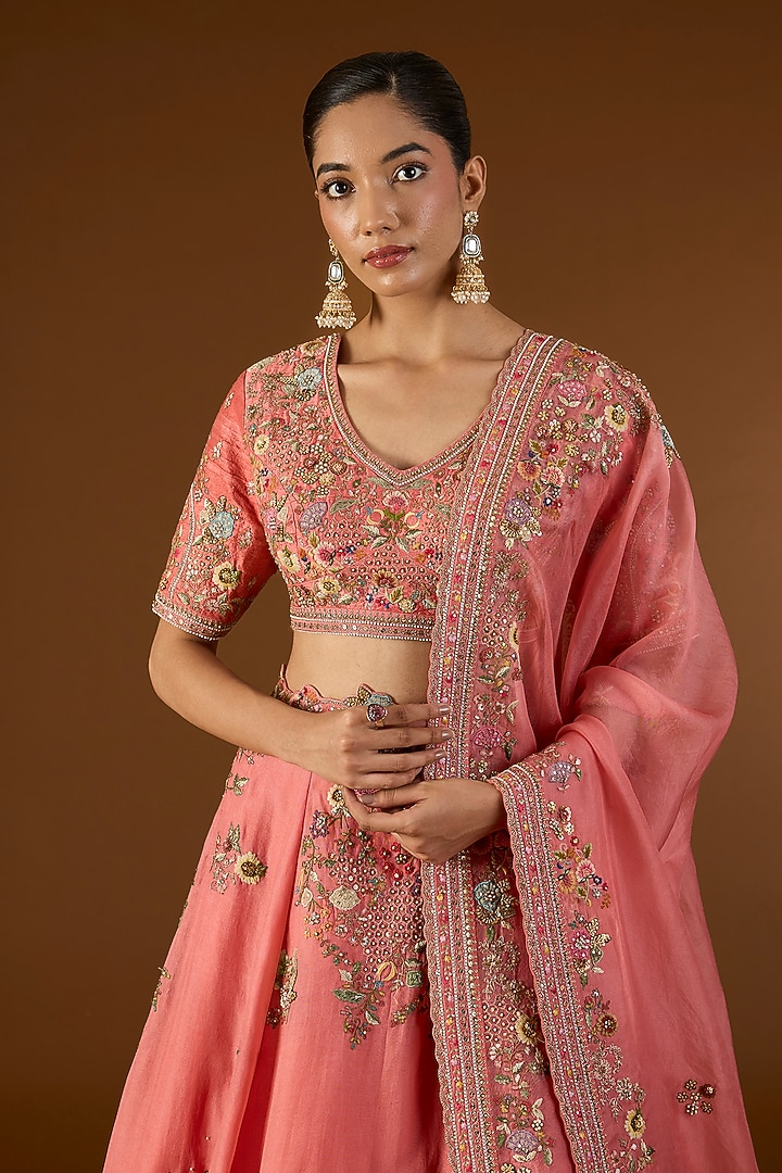 Peach Chanderi Hand & Machine Embroidered Kali Bridal Lehenga Set by Petticoat Lane at Pernia's Pop Up Shop
