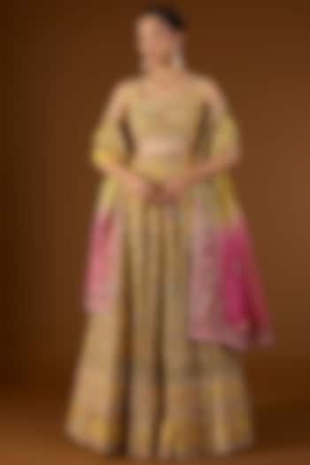 Yellow Chanderi Hand & Machine Embroidered Kali Bridal Lehenga Set by Petticoat Lane at Pernia's Pop Up Shop