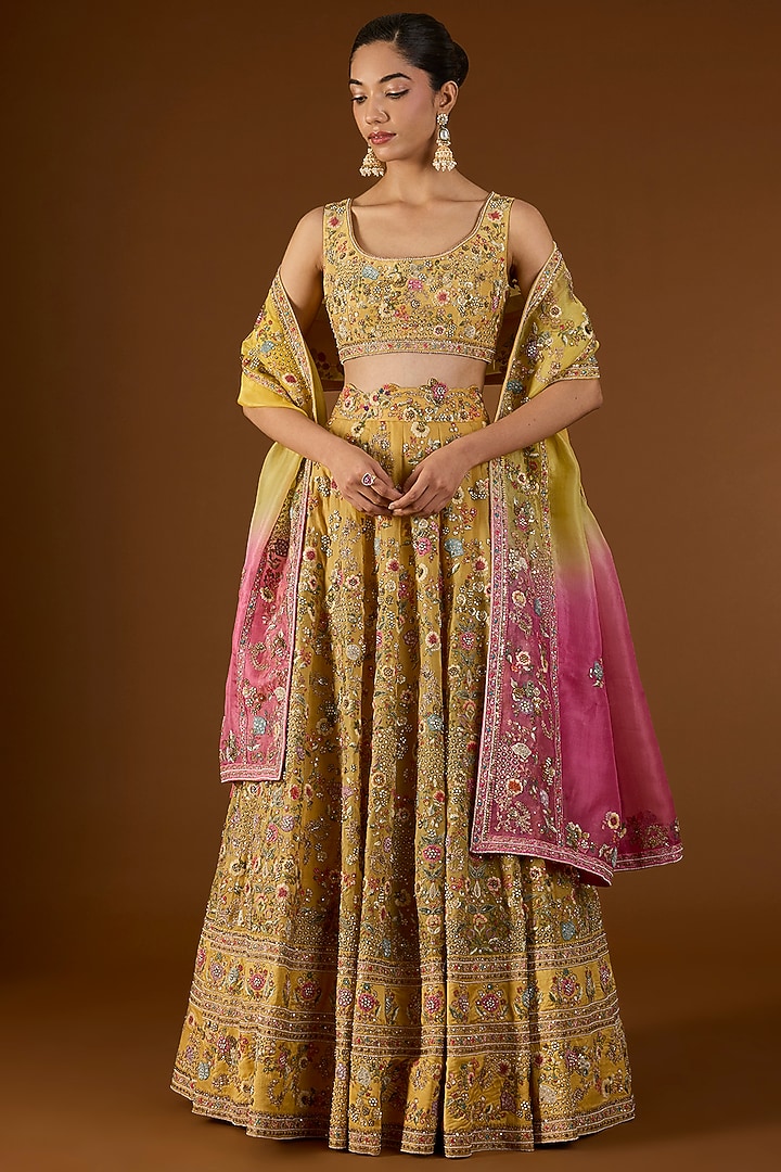 Yellow Chanderi Hand & Machine Embroidered Kali Bridal Lehenga Set by Petticoat Lane at Pernia's Pop Up Shop