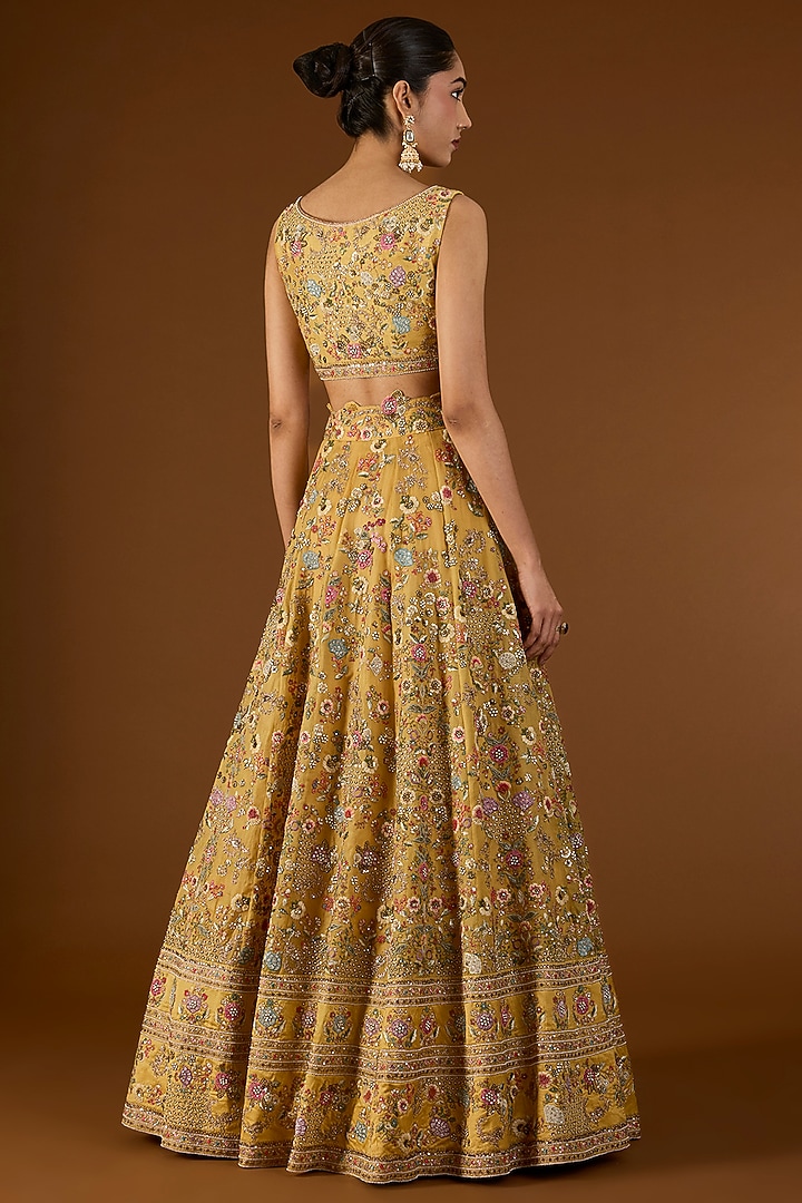 Yellow Chanderi Hand & Machine Embroidered Kali Bridal Lehenga Set by Petticoat Lane at Pernia's Pop Up Shop