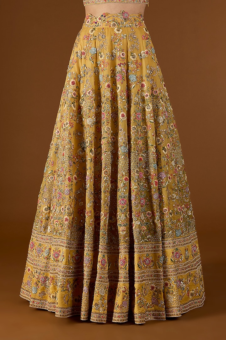 Yellow Chanderi Hand & Machine Embroidered Kali Bridal Lehenga Set by Petticoat Lane at Pernia's Pop Up Shop
