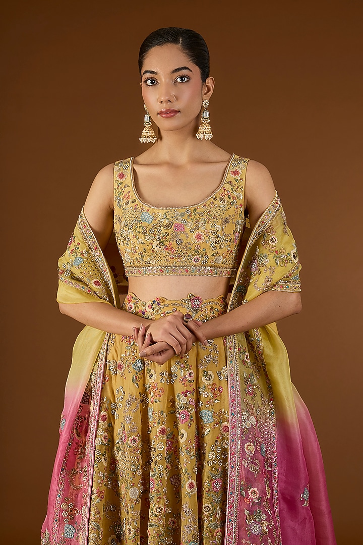 Yellow Chanderi Hand & Machine Embroidered Kali Bridal Lehenga Set by Petticoat Lane at Pernia's Pop Up Shop
