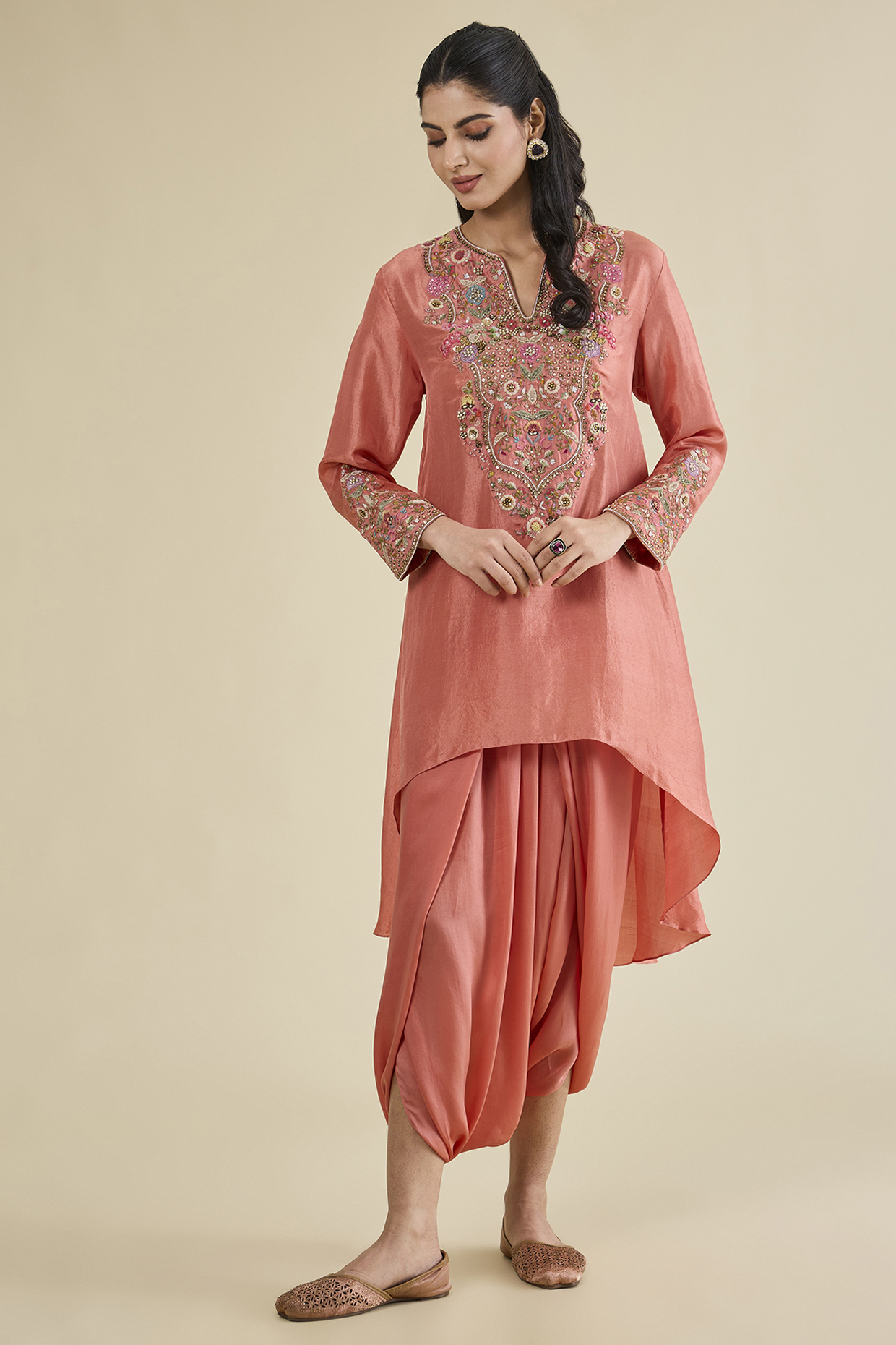 Peach Dupion Silk Asymmetrical Kurta Set by Petticoat Lane at Pernia's Pop Up Shop