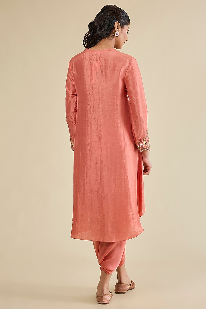 Peach Dupion Silk Asymmetrical Kurta Set by Petticoat Lane at Pernia's Pop Up Shop