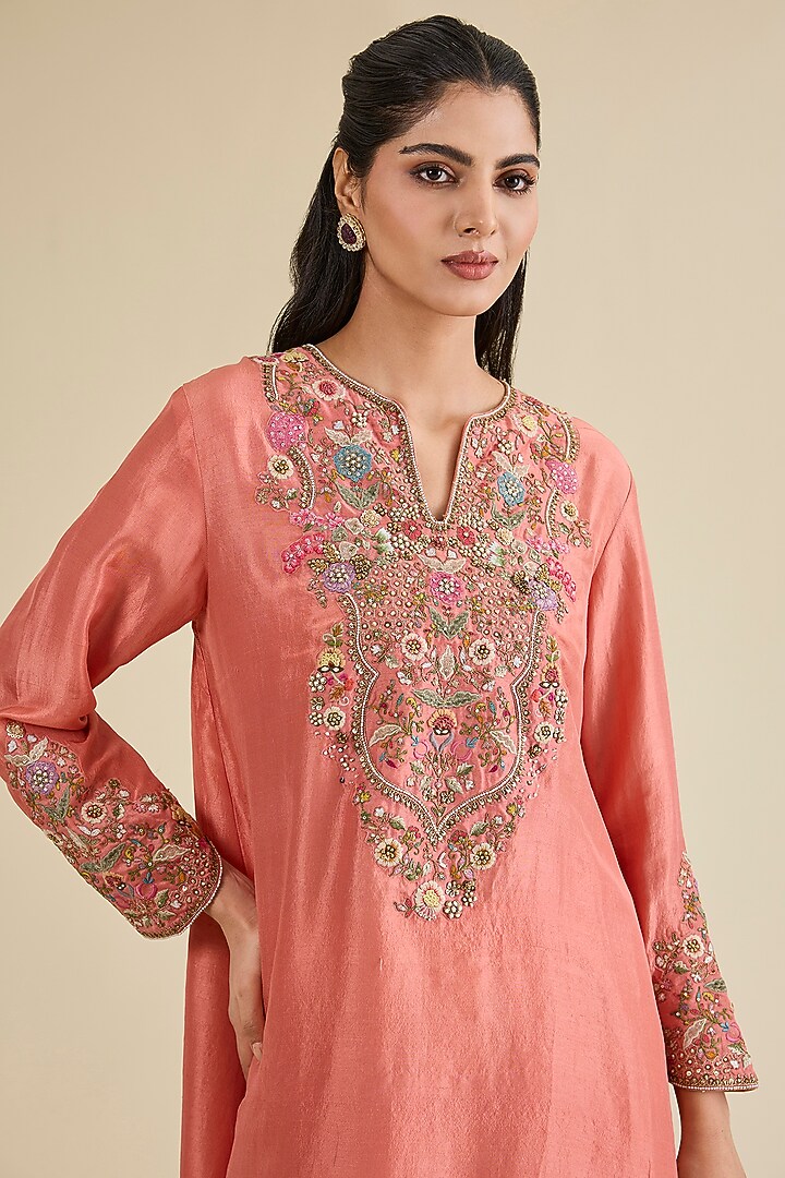 Peach Dupion Silk Asymmetrical Kurta Set by Petticoat Lane at Pernia's Pop Up Shop