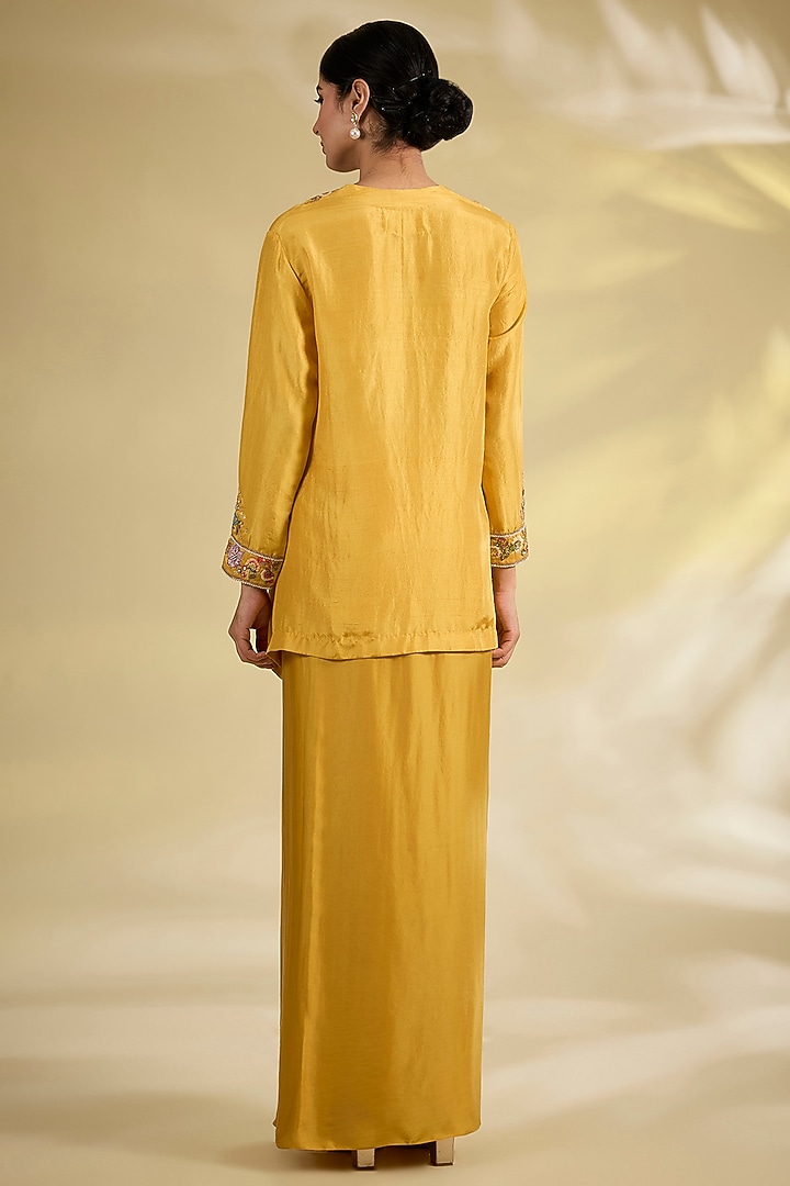 Yellow Satin & Dupion Silk Dhoti Skirt Set by Petticoat Lane at Pernia's Pop Up Shop