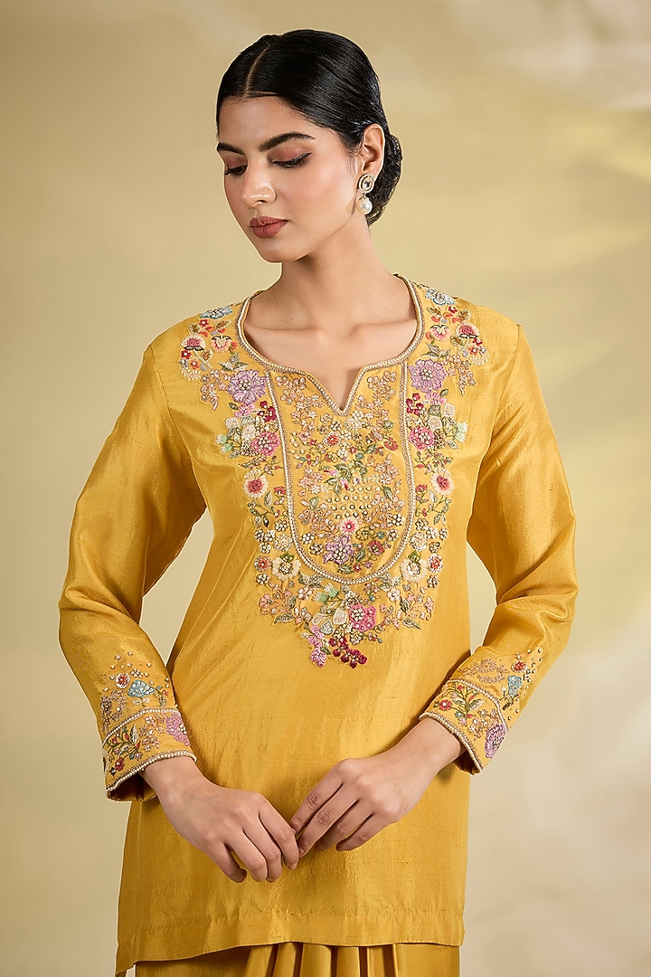 Yellow Satin & Dupion Silk Dhoti Skirt Set by Petticoat Lane at Pernia's Pop Up Shop