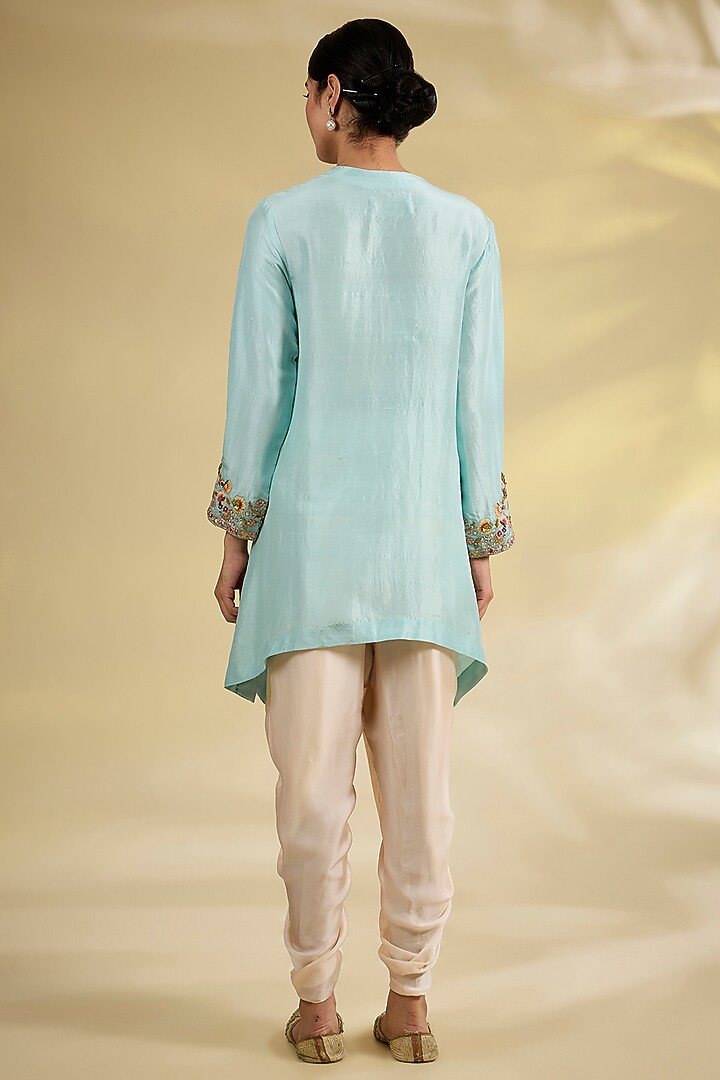 Aqua Satin & Dupion Silk Phulkari Embroidered Asymmetrical Kurta Set by Petticoat Lane at Pernia's Pop Up Shop