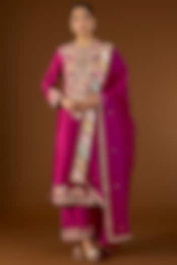 Fuchsia Pink Brocade Patchwork Straight Kurta Set by Petticoat Lane at Pernia's Pop Up Shop