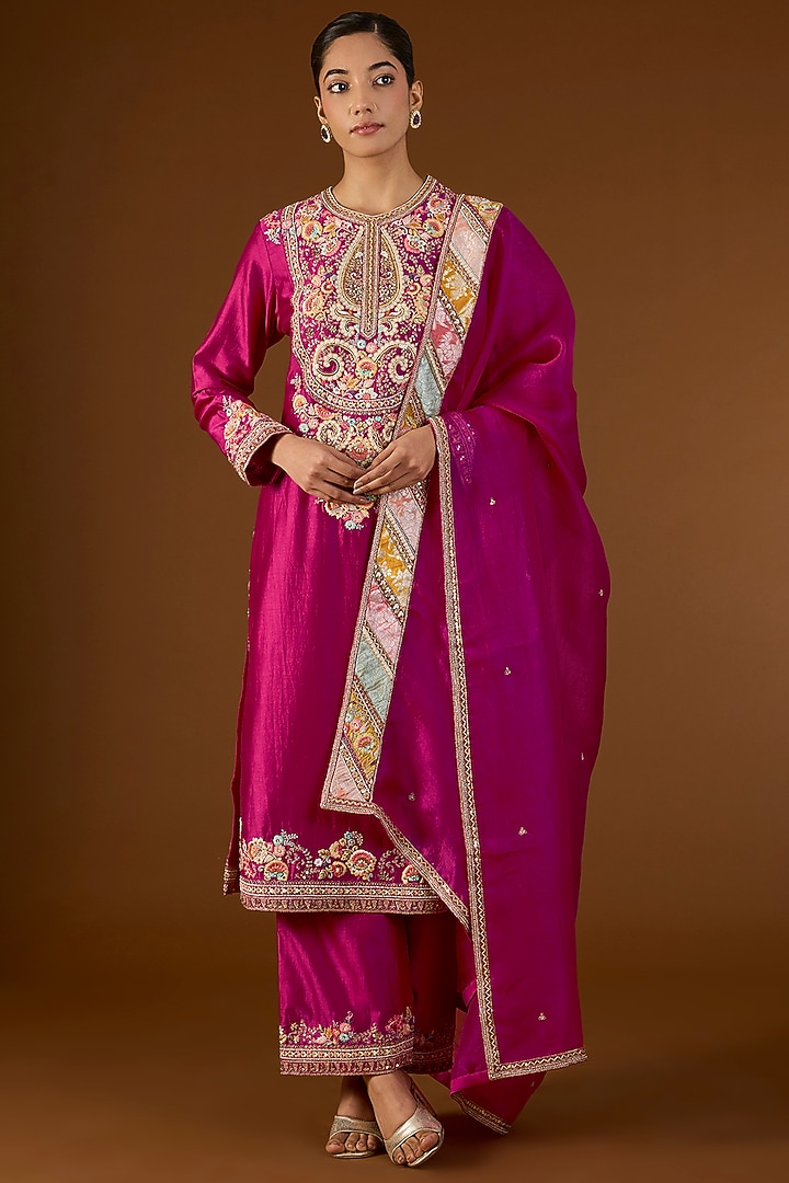 Fuchsia Pink Brocade Patchwork Straight Kurta Set by Petticoat Lane at Pernia's Pop Up Shop