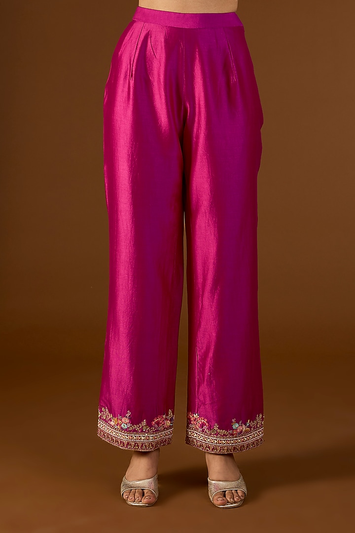 Fuchsia Pink Brocade Patchwork Straight Kurta Set by Petticoat Lane at Pernia's Pop Up Shop
