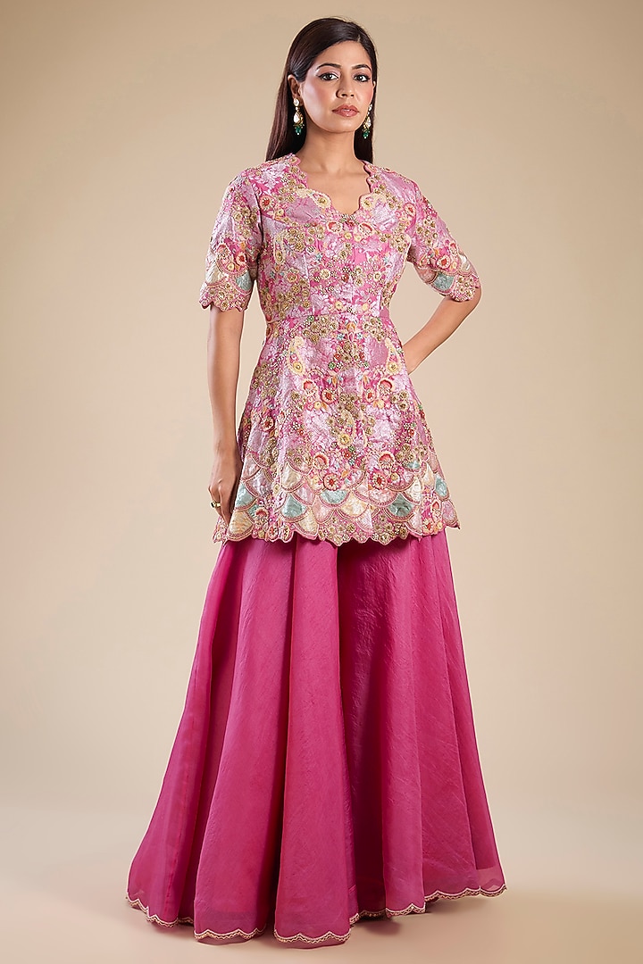 Rose Pink Brocade & Chanderi Patchwork Kurta Set by Petticoat Lane at Pernia's Pop Up Shop