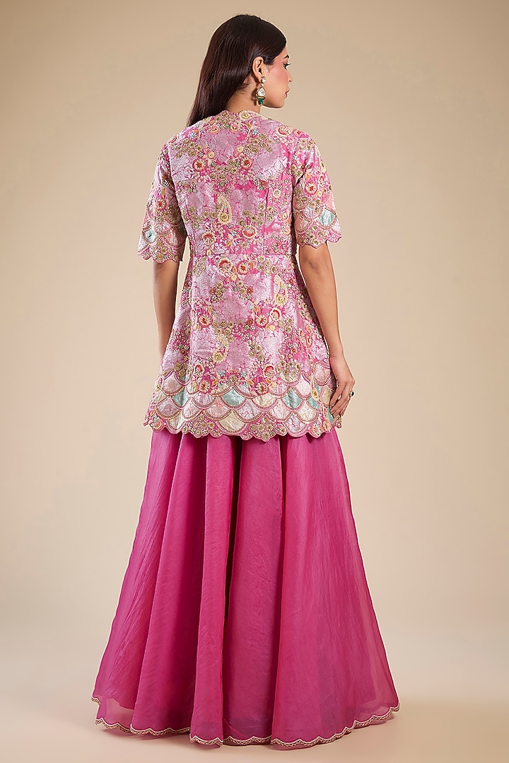 Rose Pink Brocade & Chanderi Patchwork Kurta Set by Petticoat Lane at Pernia's Pop Up Shop