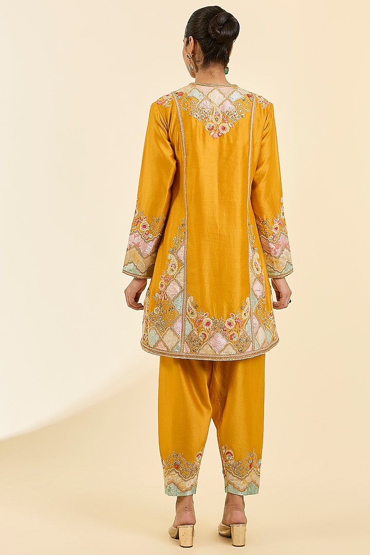Mustard Brocade & Chanderi Patchwork Kurta Set by Petticoat Lane at Pernia's Pop Up Shop