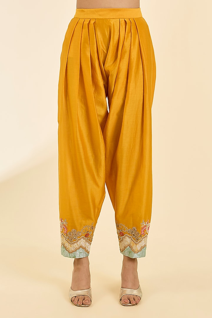 Mustard Brocade & Chanderi Patchwork Kurta Set by Petticoat Lane at Pernia's Pop Up Shop