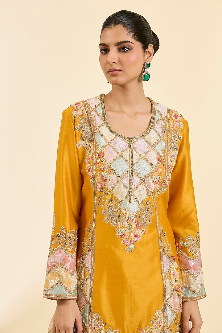 Mustard Brocade & Chanderi Patchwork Kurta Set by Petticoat Lane at Pernia's Pop Up Shop