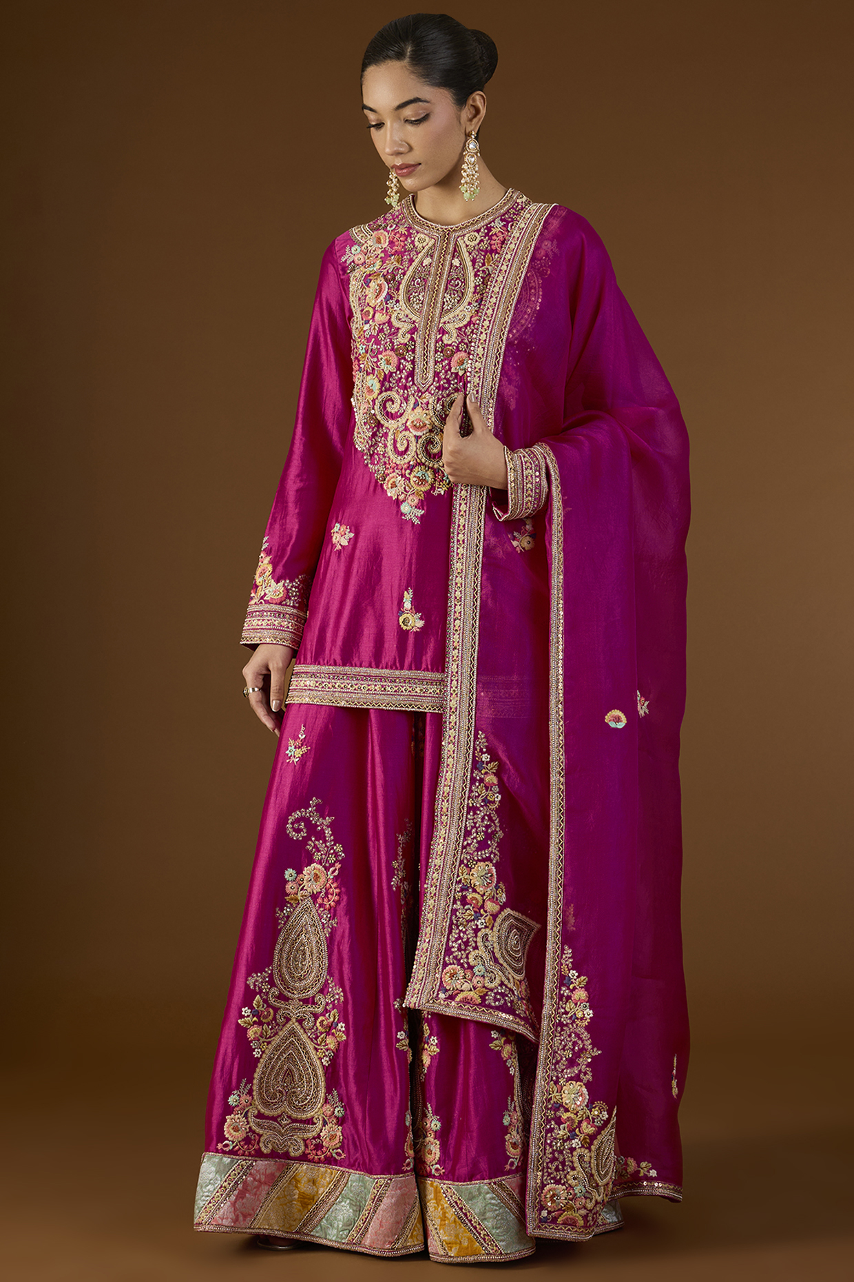 Fuchsia Pink Brocade Patchwork Bridal Sharara Set by Petticoat Lane at Pernia's Pop Up Shop