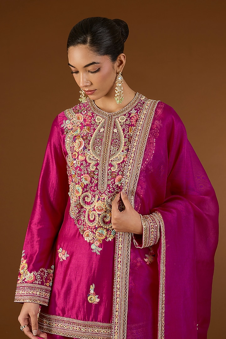 Fuchsia Pink Brocade Patchwork Bridal Sharara Set by Petticoat Lane at Pernia's Pop Up Shop