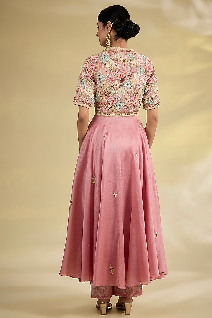 Lilac Brocade & Chanderi Patchwork Asymmetrical Kalidar Kurta Set by Petticoat Lane at Pernia's Pop Up Shop