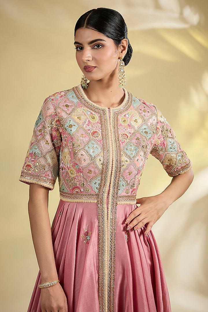 Lilac Brocade & Chanderi Patchwork Asymmetrical Kalidar Kurta Set by Petticoat Lane at Pernia's Pop Up Shop
