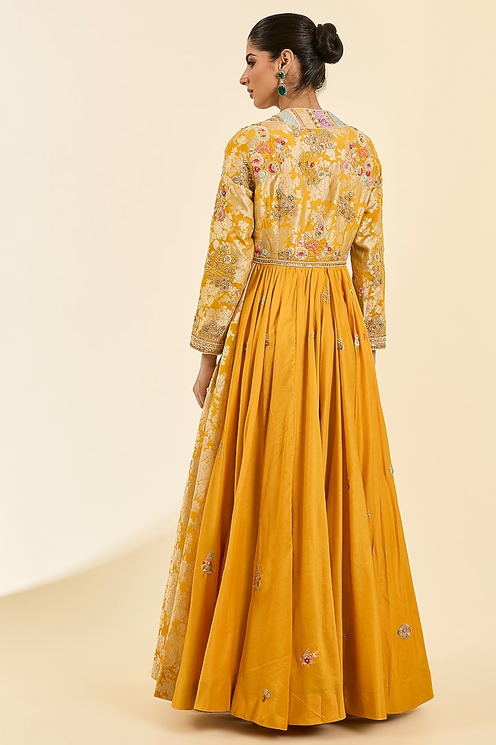 Mustard Brocade Patchwork Kalidar Bridal Anarkali Set by Petticoat Lane at Pernia's Pop Up Shop