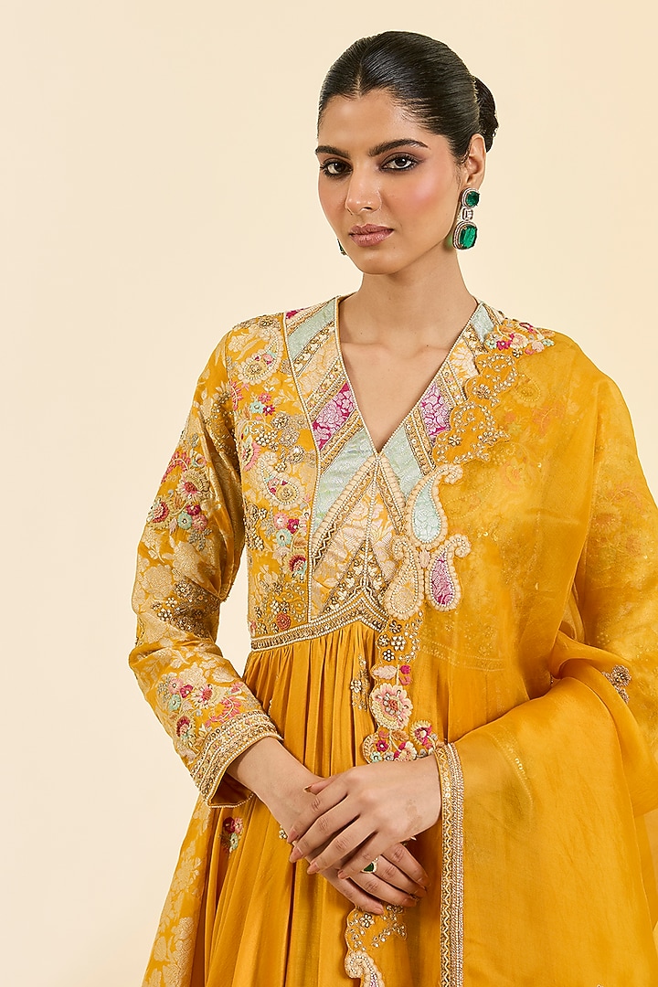 Mustard Brocade Patchwork Kalidar Bridal Anarkali Set by Petticoat Lane at Pernia's Pop Up Shop