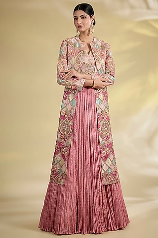 Lilac Brocade & Chanderi Patchwork Asymmetrical Ombre Jacket Set by Petticoat Lane