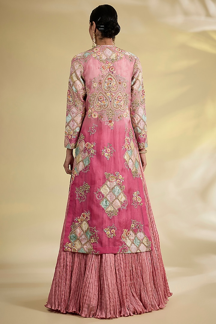 Lilac Brocade & Chanderi Patchwork Asymmetrical Ombre Jacket Set by Petticoat Lane at Pernia's Pop Up Shop