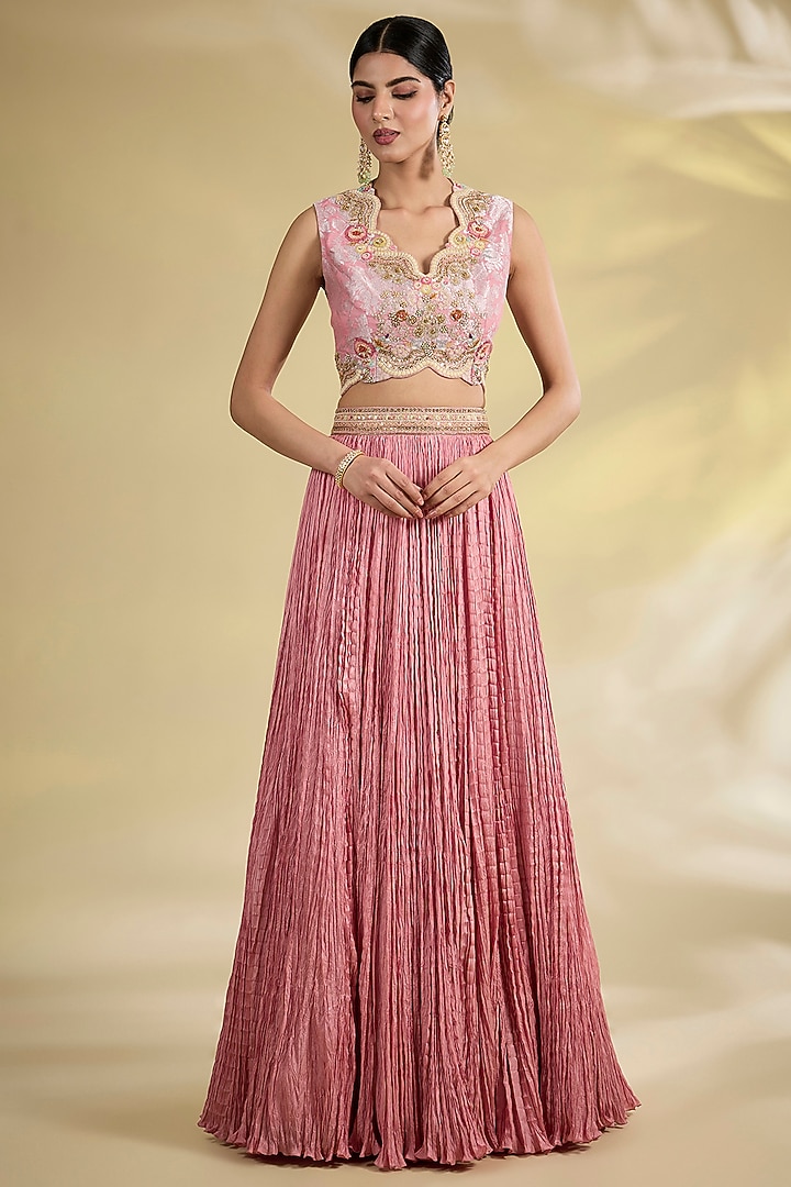 Lilac Brocade & Chanderi Patchwork Asymmetrical Ombre Jacket Set by Petticoat Lane at Pernia's Pop Up Shop