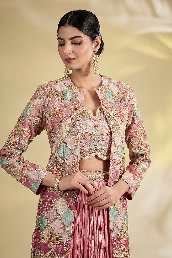 Lilac Brocade & Chanderi Patchwork Asymmetrical Ombre Jacket Set by Petticoat Lane at Pernia's Pop Up Shop