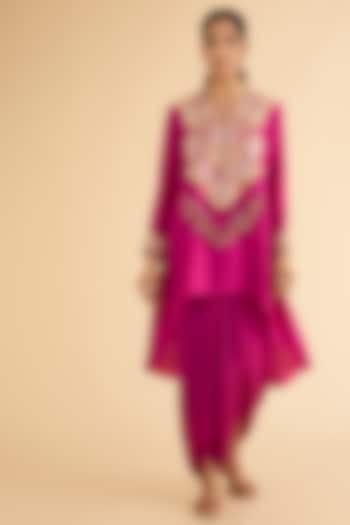 Fuchsia Pink Dupion Silk Brocade Patchwork Kurta Set by Petticoat Lane at Pernia's Pop Up Shop