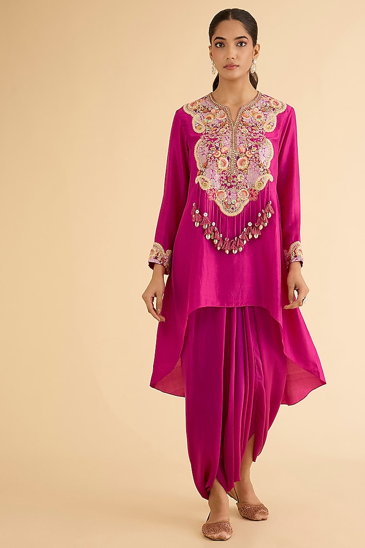 Fuchsia Pink Dupion Silk Brocade Patchwork Kurta Set by Petticoat Lane at Pernia's Pop Up Shop
