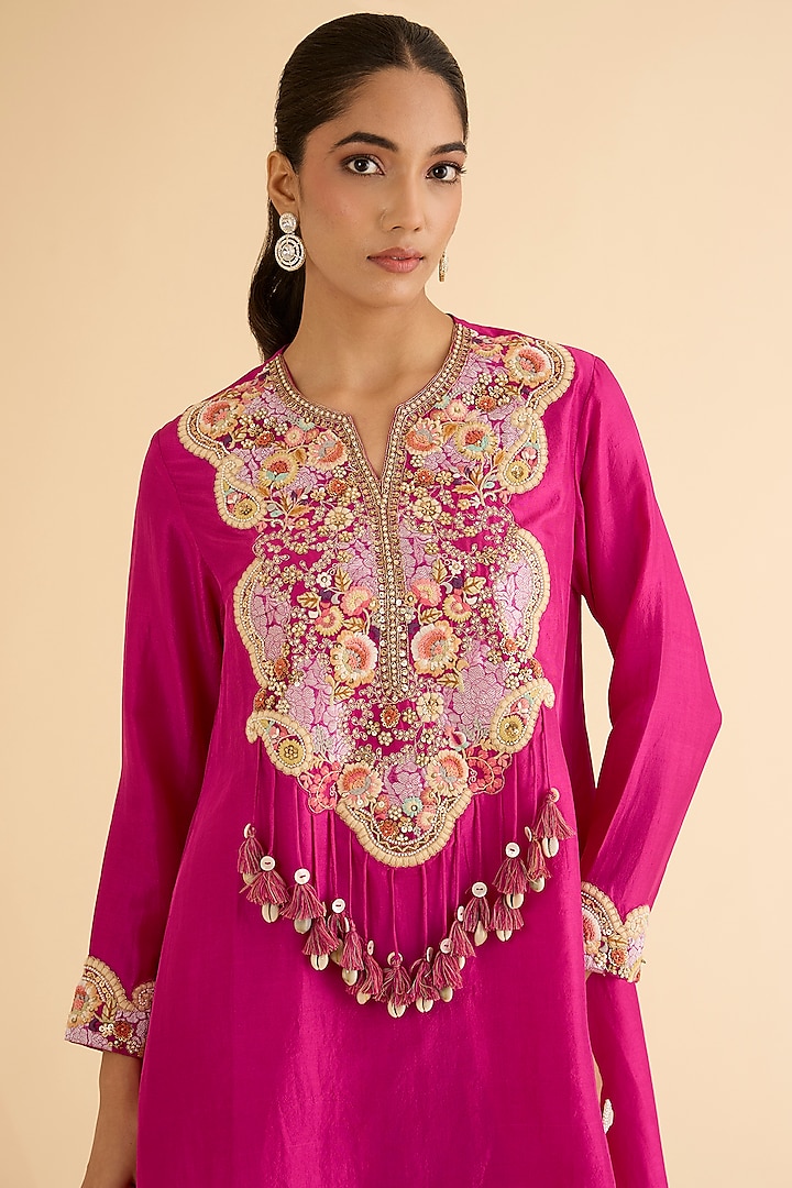 Fuchsia Pink Dupion Silk Brocade Patchwork Kurta Set by Petticoat Lane at Pernia's Pop Up Shop