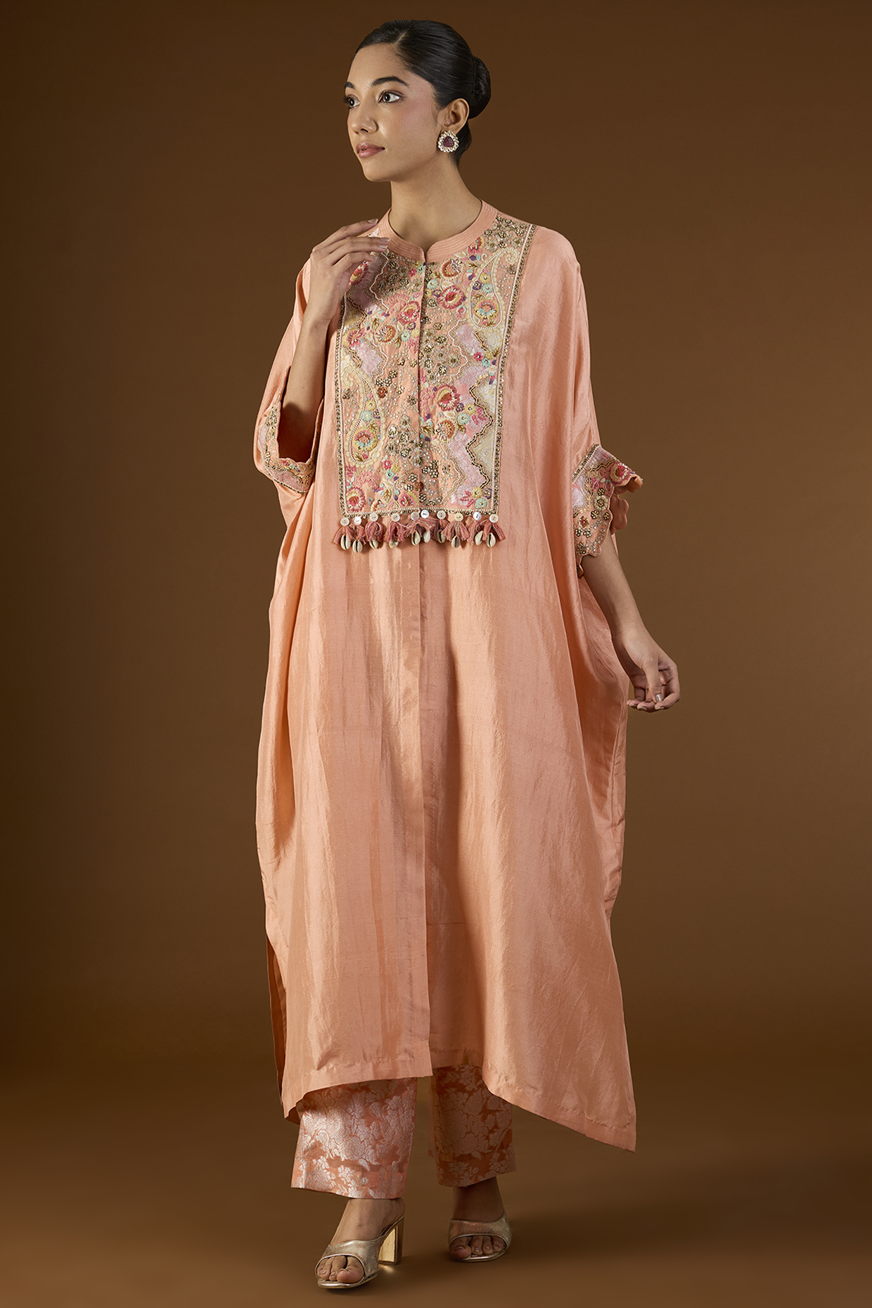 Peach Brocade Patchwork Kaftan Set by Petticoat Lane at Pernia's Pop Up Shop