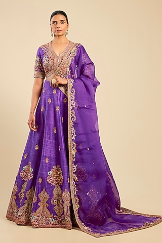 Orchid Dupion Boota Work Kali Lehenga Set by Petticoat Lane