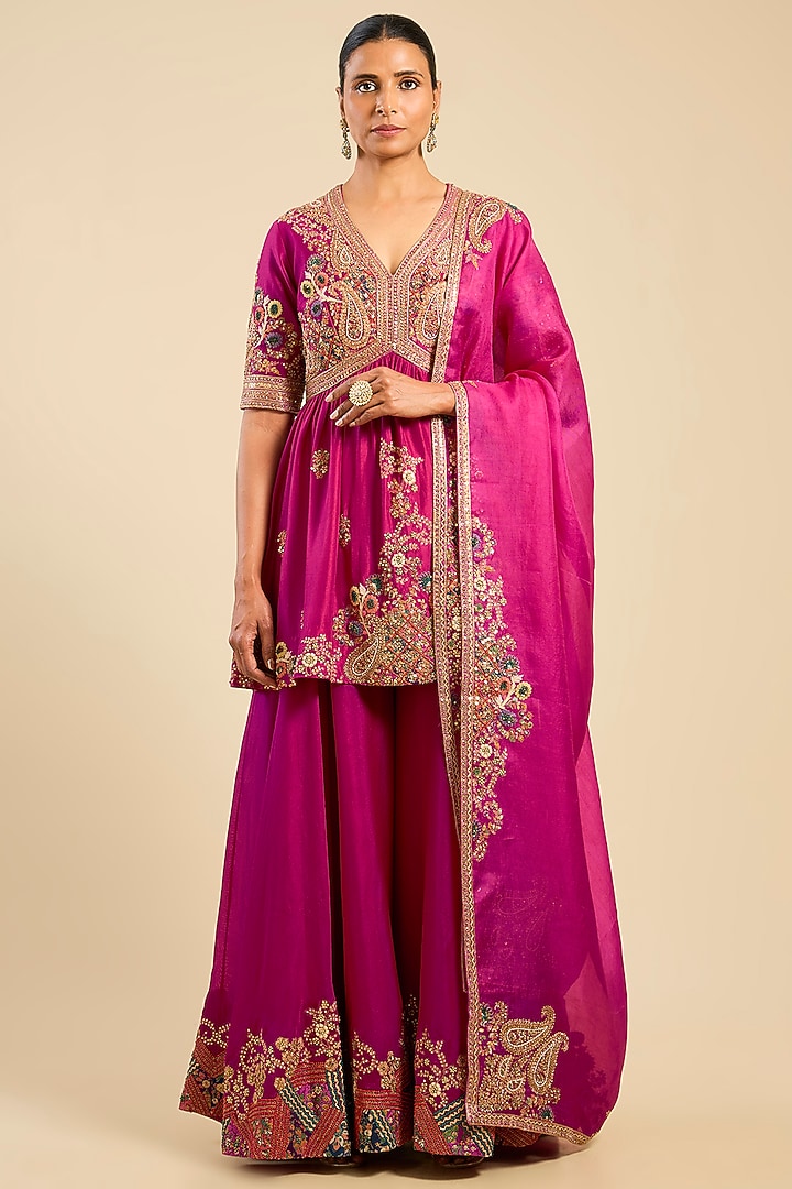 Rani Pink Chanderi Bridal Sharara Set by Petticoat Lane at Pernia's Pop Up Shop