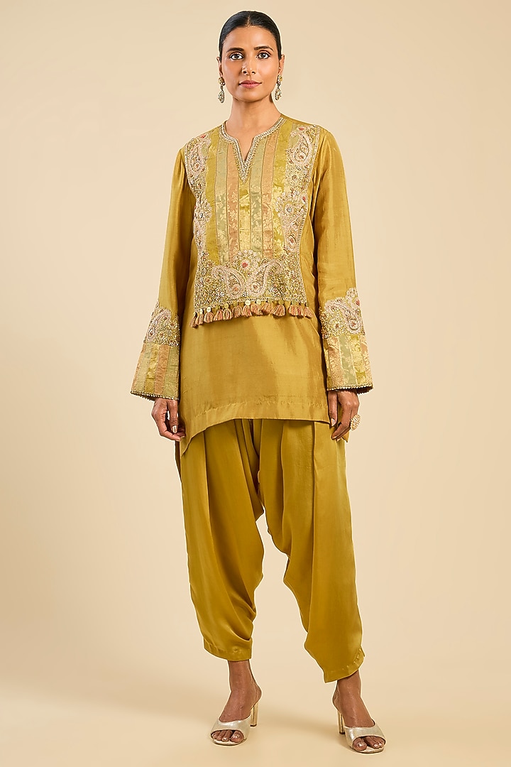 Mehendi Green Dupion & Satin Dhoti Set by Petticoat Lane at Pernia's Pop Up Shop