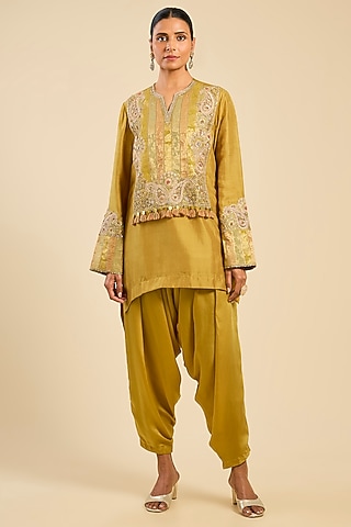 Mehendi Green Dupion & Satin Dhoti Set by Petticoat Lane
