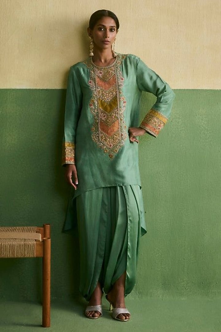 Cyan Blue Dupion & Satin Dhoti Set by Petticoat Lane at Pernia's Pop Up Shop