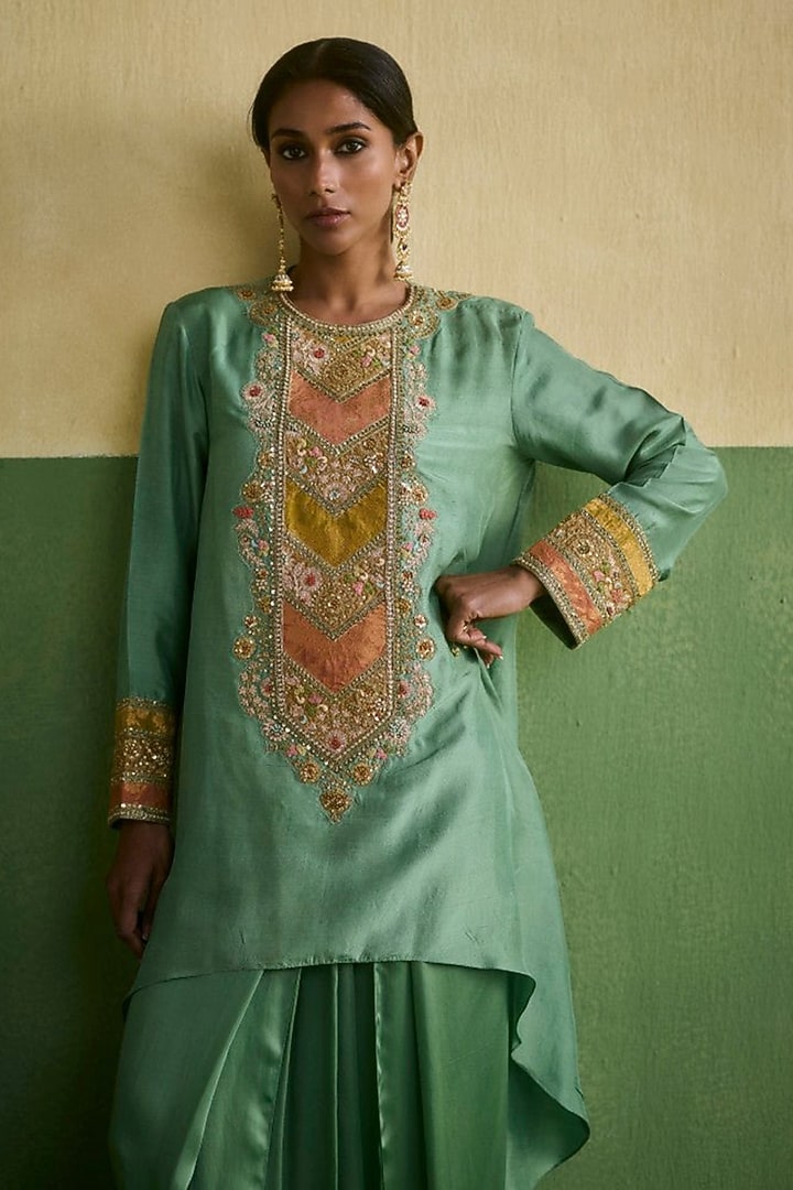 Cyan Blue Dupion & Satin Dhoti Set by Petticoat Lane at Pernia's Pop Up Shop