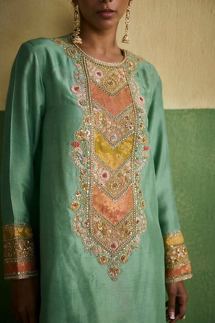 Cyan Blue Dupion & Satin Dhoti Set by Petticoat Lane at Pernia's Pop Up Shop
