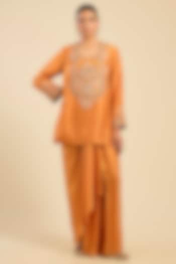 Orange Green Dupion & Satin Dhoti Set by Petticoat Lane at Pernia's Pop Up Shop