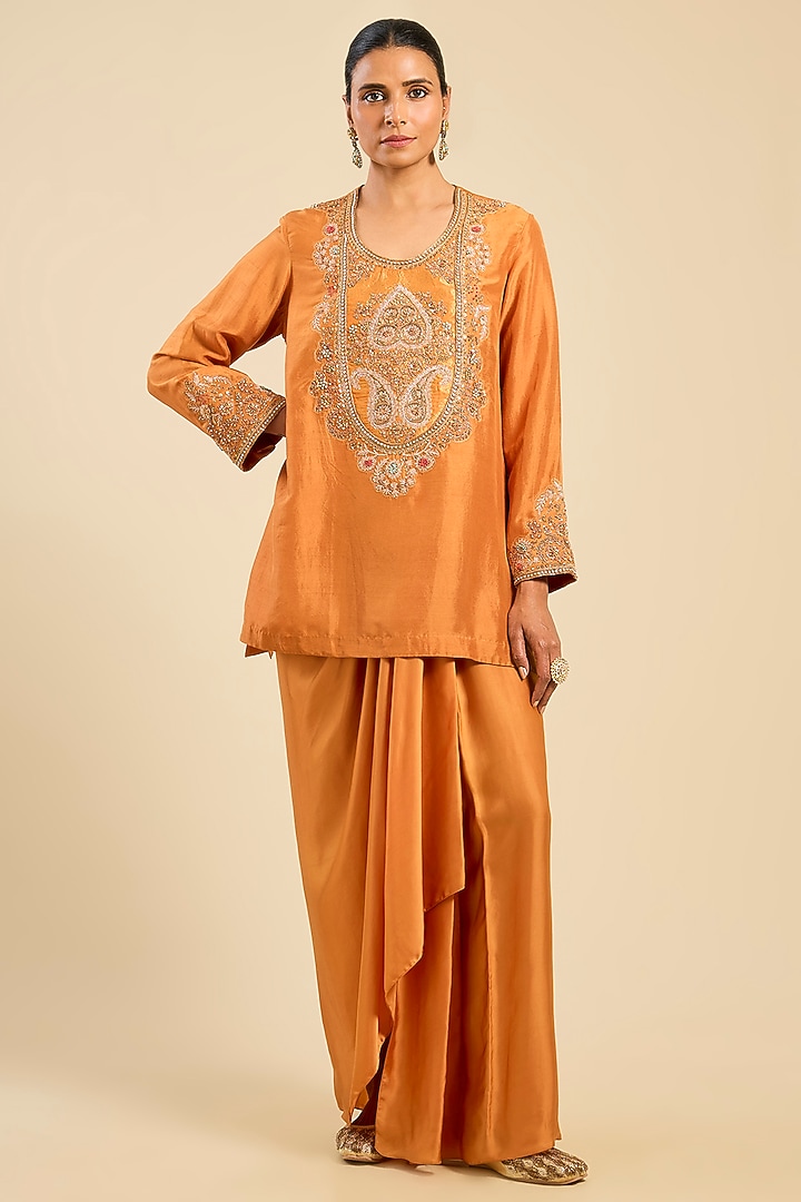 Orange Green Dupion & Satin Dhoti Set by Petticoat Lane at Pernia's Pop Up Shop